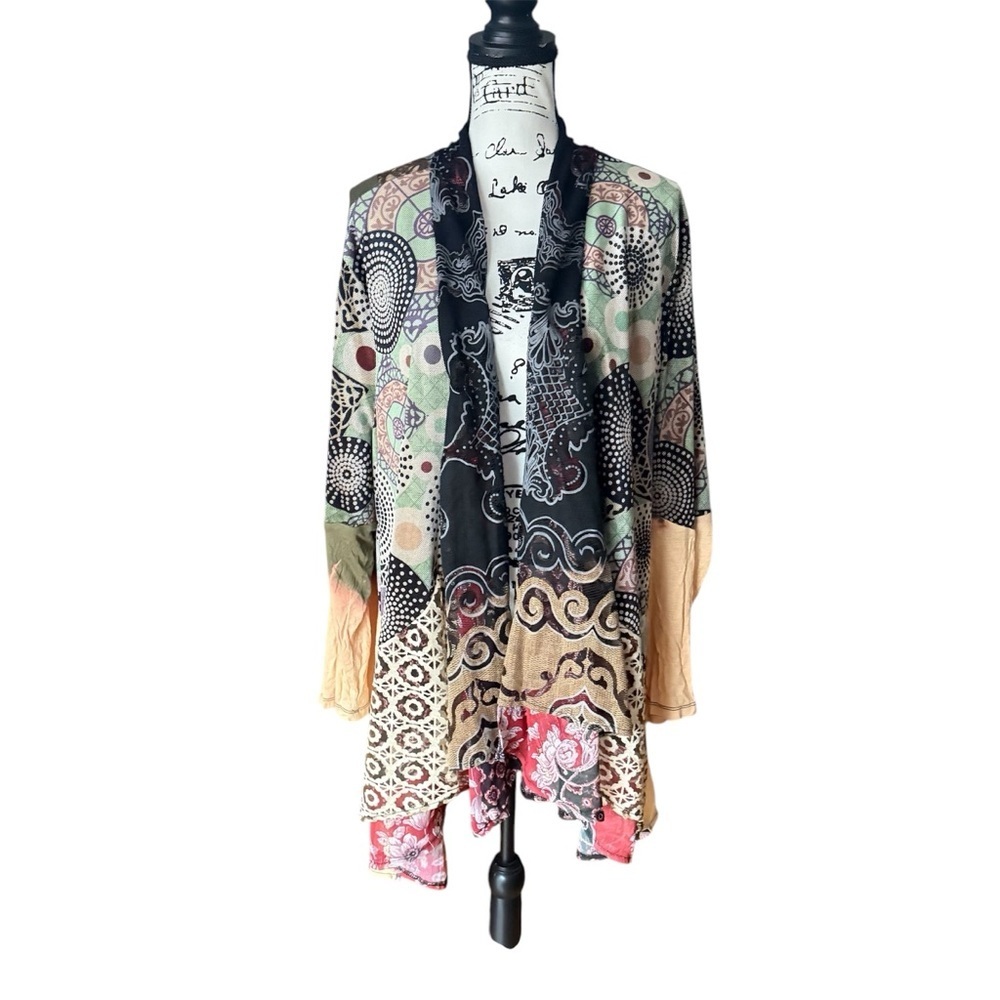 The Pyramid‎ Collection Open Front Mixed Fabric Print Cardigan 2X Boho Artsy